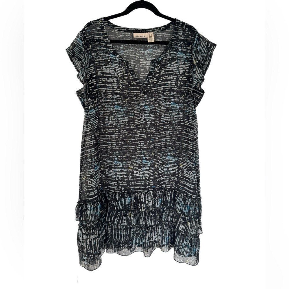 DKNY Belted Geometric Mini Dress Size L Flutter Sleeve Tiered Ruffle Hem